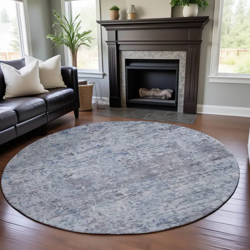 8' Sky Blue Gray And Silver Abstract Washable Round Rug With UV Protection Photo 3