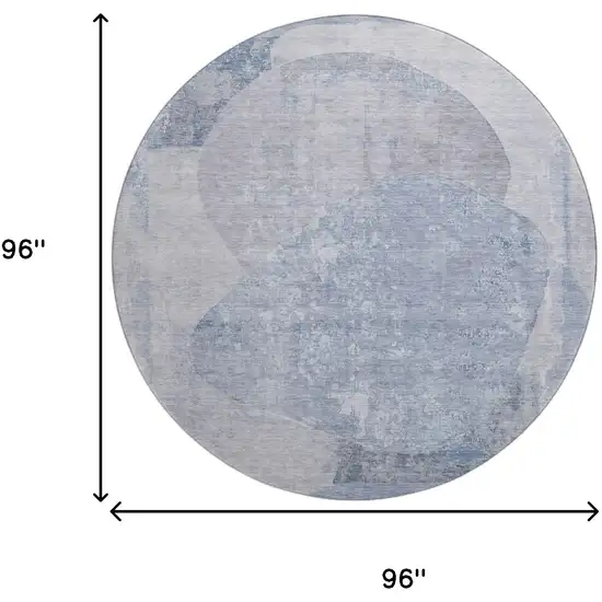 8' Sky Blue Gray And Silver Abstract Washable Round Rug With UV Protection Photo 9