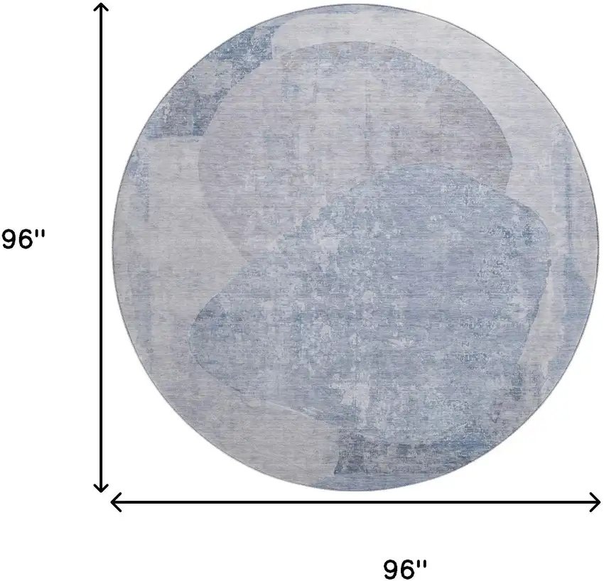 8' Sky Blue Gray And Silver Abstract Washable Round Rug With UV Protection Photo 9