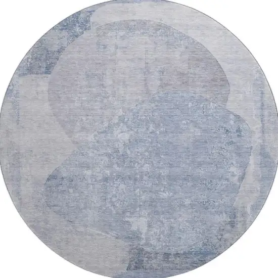 8' Sky Blue Gray And Silver Abstract Washable Round Rug With UV Protection Photo 3