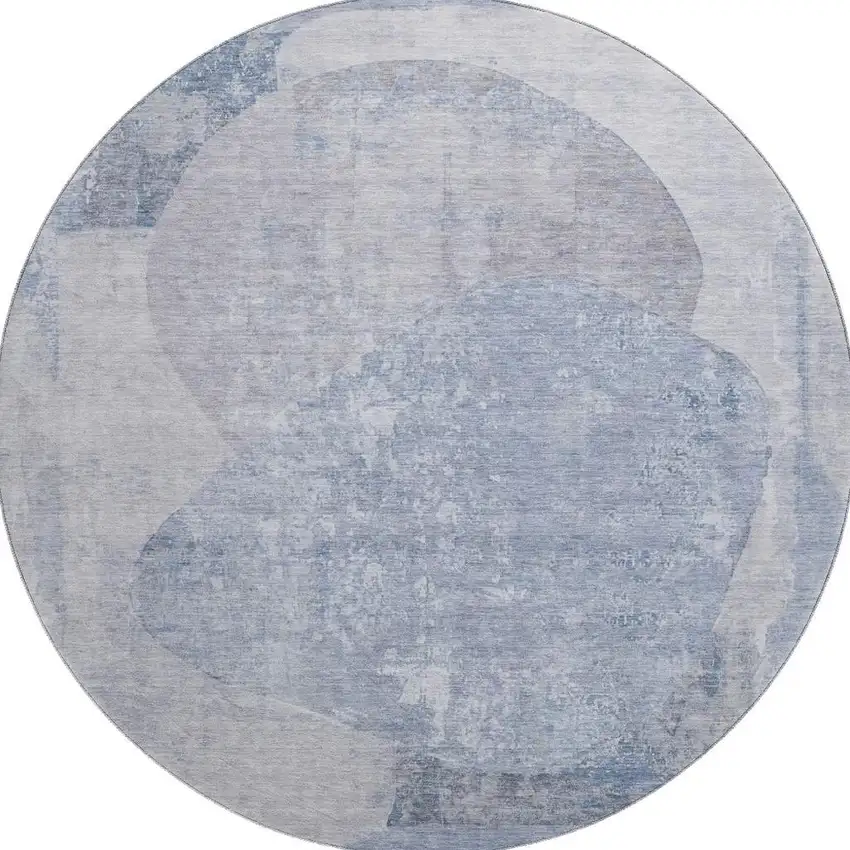 8' Sky Blue Gray And Silver Abstract Washable Round Rug With UV Protection Photo 3