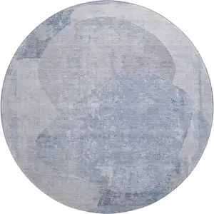 Photo of 8' Sky Blue Gray And Silver Abstract Washable Round Rug With UV Protection