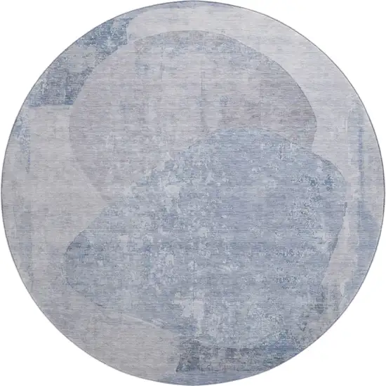 8' Sky Blue Gray And Silver Abstract Washable Round Rug With UV Protection Photo 1