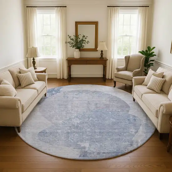 8' Sky Blue Gray And Silver Abstract Washable Round Rug With UV Protection Photo 4