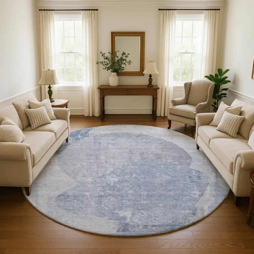 8' Sky Blue Gray And Silver Abstract Washable Round Rug With UV Protection Photo 4