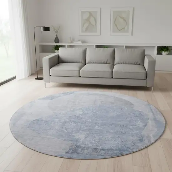 8' Sky Blue Gray And Silver Abstract Washable Round Rug With UV Protection Photo 2