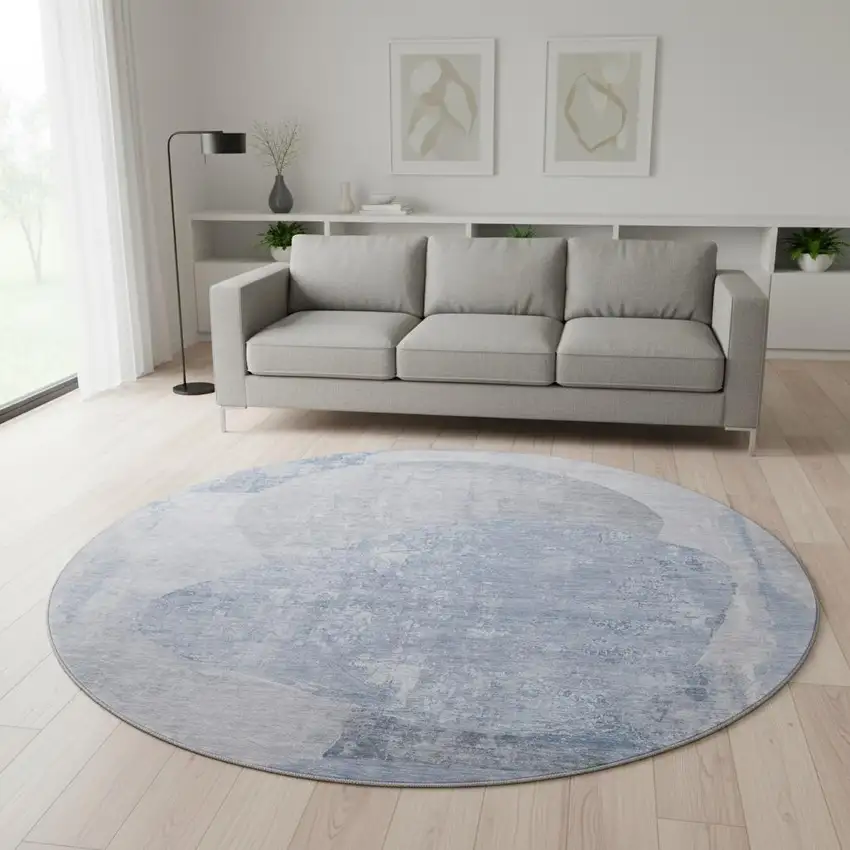 8' Sky Blue Gray And Silver Abstract Washable Round Rug With UV Protection Photo 2