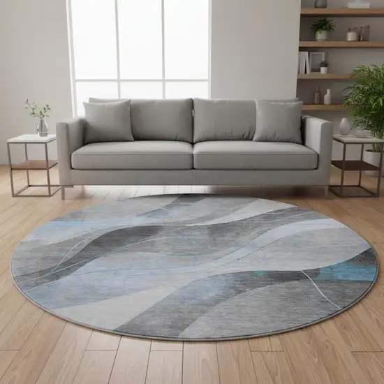 8' Sky Blue Gray And Silver Abstract Washable Round Rug With UV Protection Photo 2