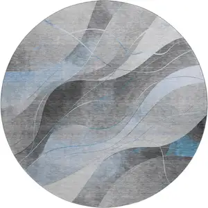 Photo of 8' Sky Blue Gray And Silver Abstract Washable Round Rug With UV Protection