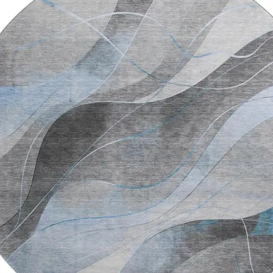 8' Sky Blue Gray And Silver Abstract Washable Round Rug With UV Protection Photo 2