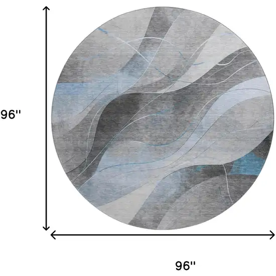 8' Sky Blue Gray And Silver Abstract Washable Round Rug With UV Protection Photo 9