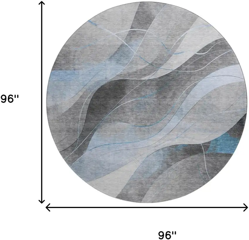 8' Sky Blue Gray And Silver Abstract Washable Round Rug With UV Protection Photo 9