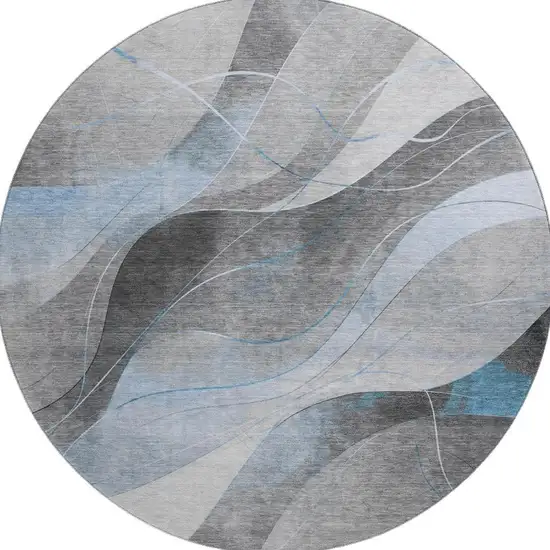 8' Sky Blue Gray And Silver Abstract Washable Round Rug With UV Protection Photo 3