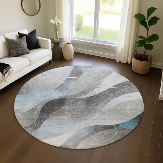8' Sky Blue Gray And Silver Abstract Washable Round Rug With UV Protection Photo 4