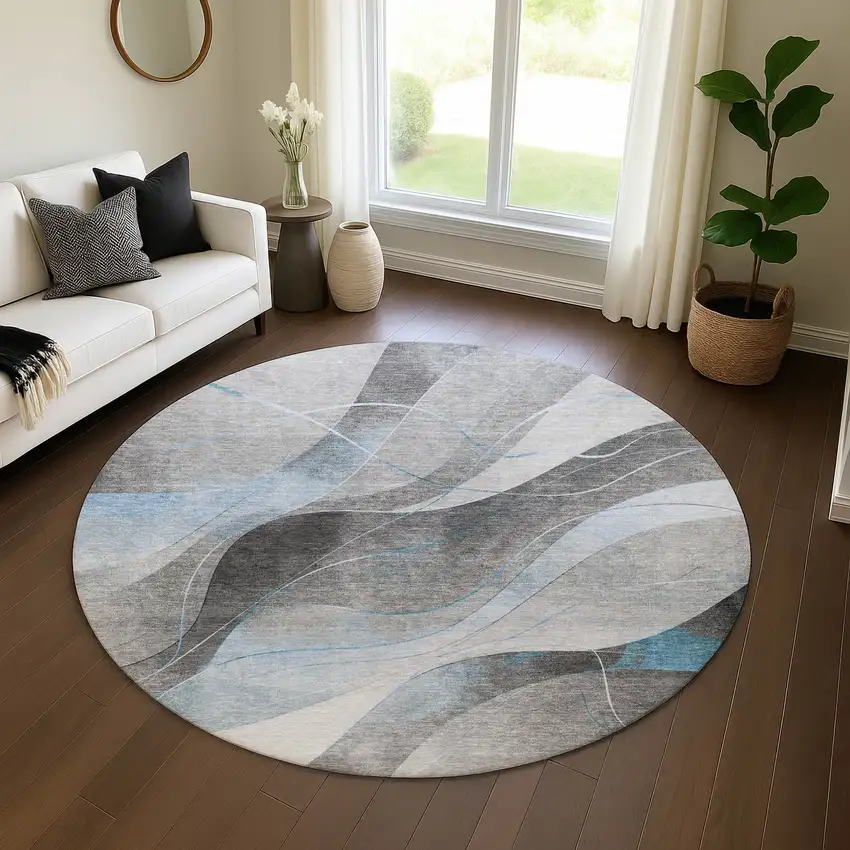 8' Sky Blue Gray And Silver Abstract Washable Round Rug With UV Protection Photo 4