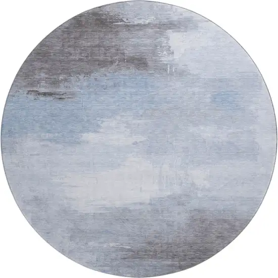 8' Sky Blue Gray And Silver Abstract Washable Round Rug With UV Protection Photo 1