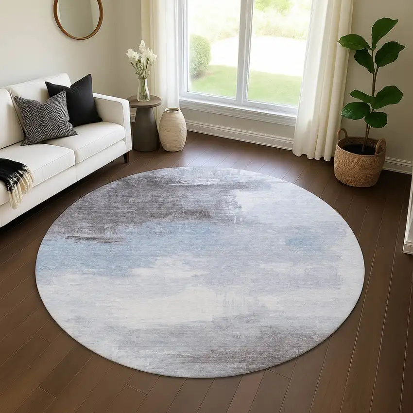 8' Sky Blue Gray And Silver Abstract Washable Round Rug With UV Protection Photo 4