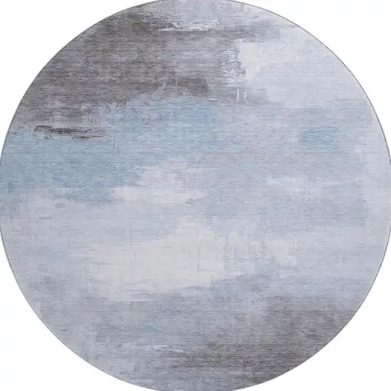 8' Sky Blue Gray And Silver Abstract Washable Round Rug With UV Protection Photo 3