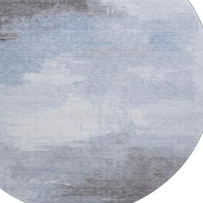 8' Sky Blue Gray And Silver Abstract Washable Round Rug With UV Protection Photo 2