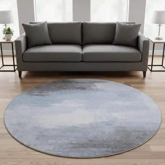 8' Sky Blue Gray And Silver Abstract Washable Round Rug With UV Protection Photo 2