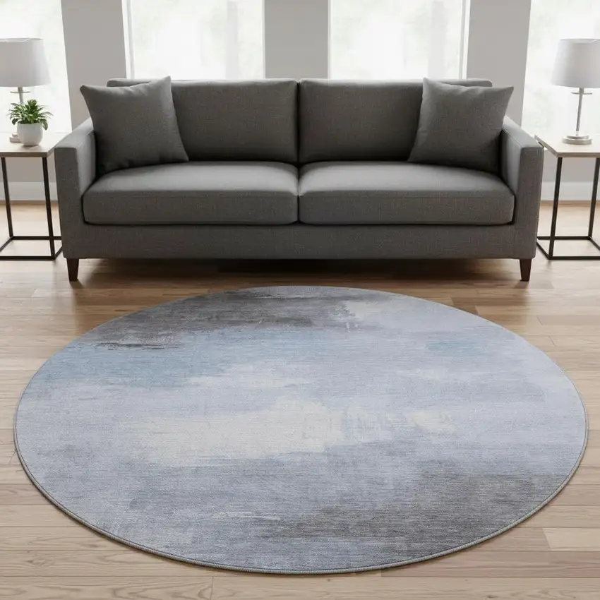 8' Sky Blue Gray And Silver Abstract Washable Round Rug With UV Protection Photo 2