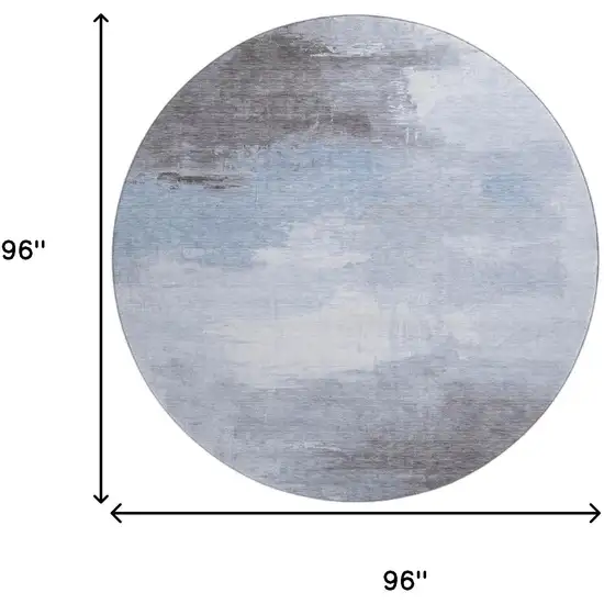 8' Sky Blue Gray And Silver Abstract Washable Round Rug With UV Protection Photo 9