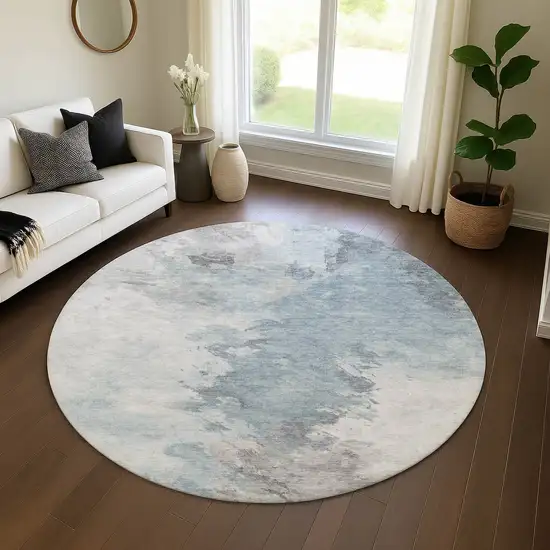 8' Sky Blue Gray And Silver Abstract Washable Round Rug With UV Protection Photo 3