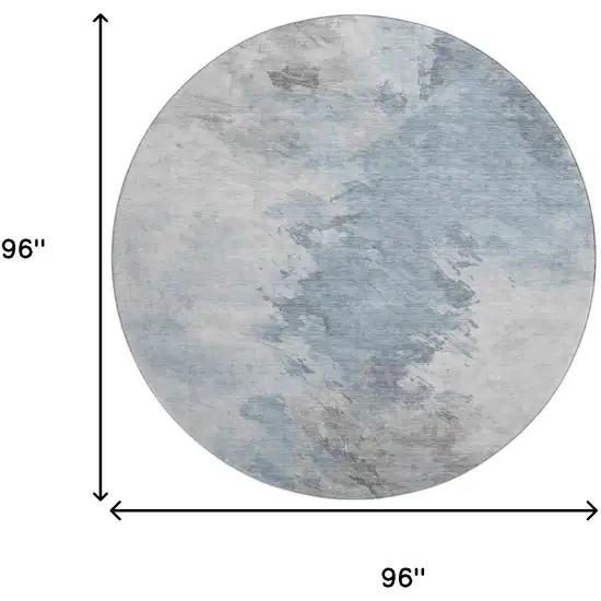 8' Sky Blue Gray And Silver Abstract Washable Round Rug With UV Protection Photo 8