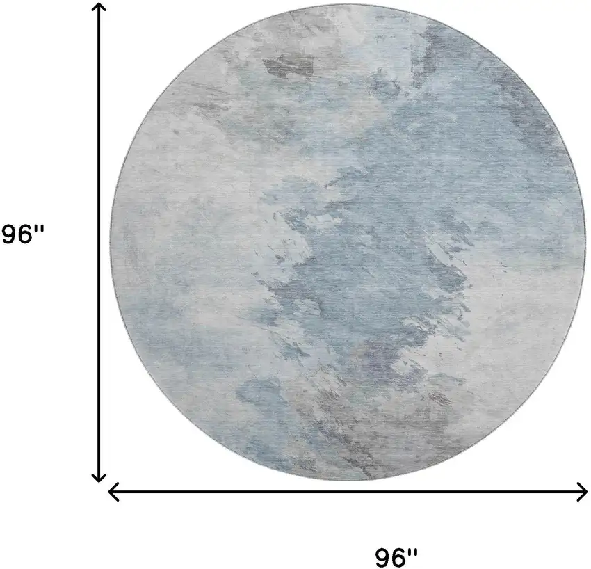 8' Sky Blue Gray And Silver Abstract Washable Round Rug With UV Protection Photo 8
