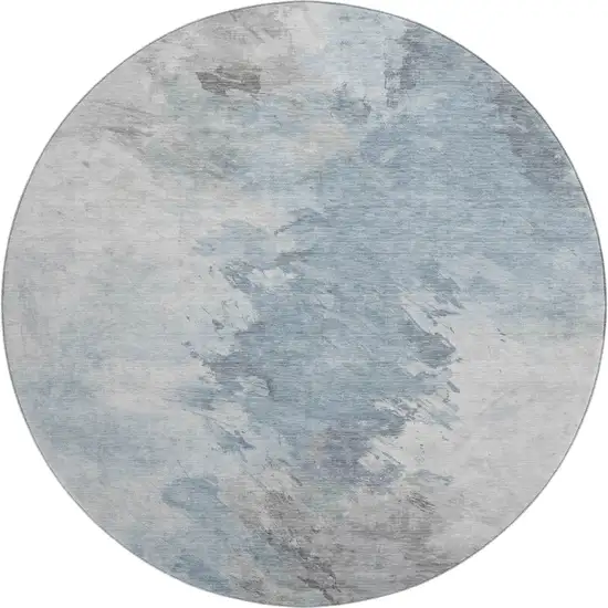 8' Sky Blue Gray And Silver Abstract Washable Round Rug With UV Protection Photo 1