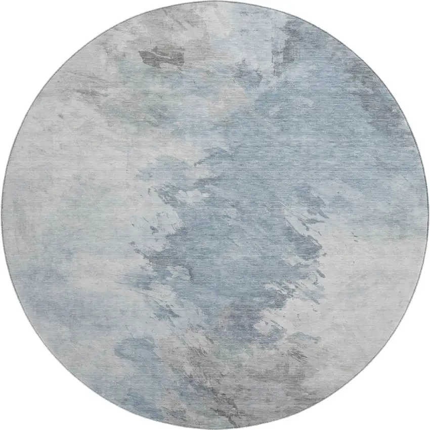 8' Sky Blue Gray And Silver Abstract Washable Round Rug With UV Protection Photo 1