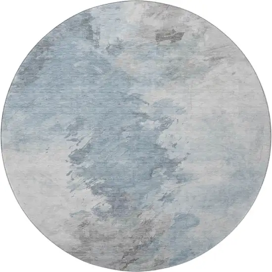 8' Sky Blue Gray And Silver Abstract Washable Round Rug With UV Protection Photo 2