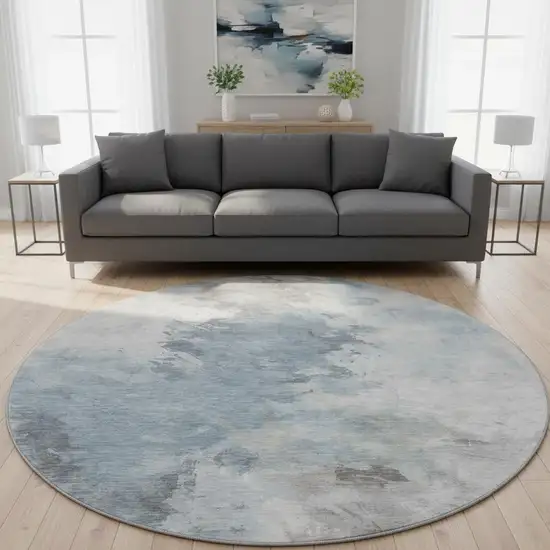 8' Sky Blue Gray And Silver Abstract Washable Round Rug With UV Protection Photo 2