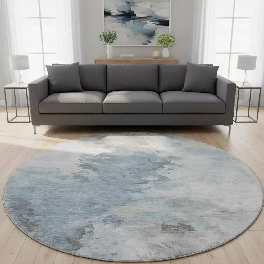 8' Sky Blue Gray And Silver Abstract Washable Round Rug With UV Protection Photo 2
