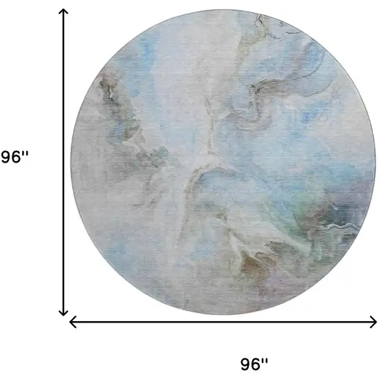 8' Sky Blue Gray And Silver Abstract Washable Round Rug With UV Protection Photo 9