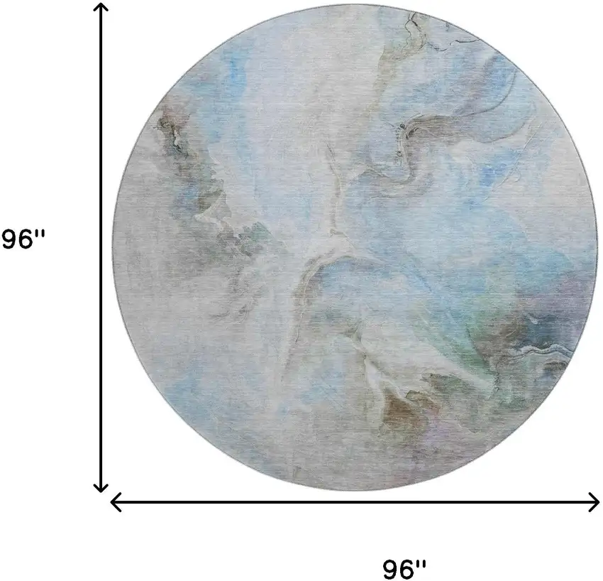 8' Sky Blue Gray And Silver Abstract Washable Round Rug With UV Protection Photo 9