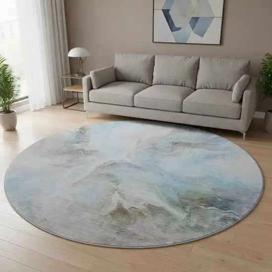 8' Sky Blue Gray And Silver Abstract Washable Round Rug With UV Protection Photo 2