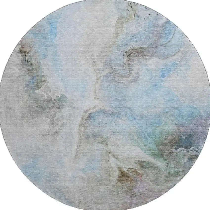 8' Sky Blue Gray And Silver Abstract Washable Round Rug With UV Protection Photo 2