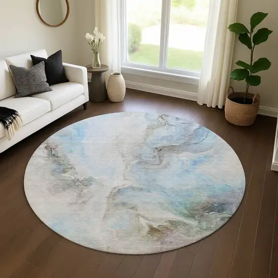 8' Sky Blue Gray And Silver Abstract Washable Round Rug With UV Protection Photo 4