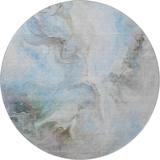8' Sky Blue Gray And Silver Abstract Washable Round Rug With UV Protection Photo 3