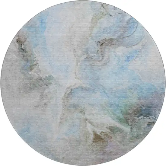 8' Sky Blue Gray And Silver Abstract Washable Round Rug With UV Protection Photo 1