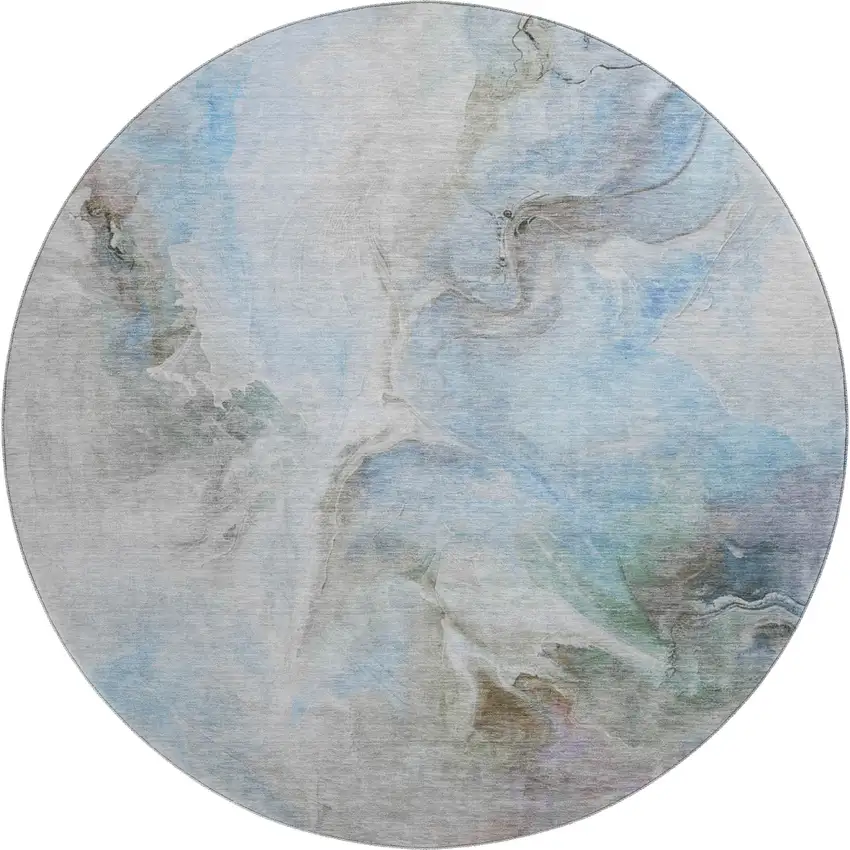 8' Sky Blue Gray And Silver Abstract Washable Round Rug With UV Protection Photo 1