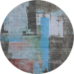 Photo of 8' Sky Blue Gray And Silver Abstract Washable Round Rug With UV Protection
