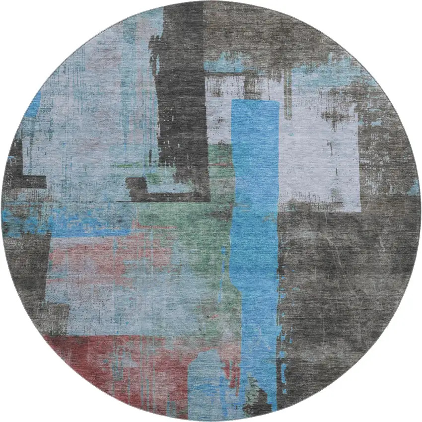 8' Sky Blue Gray And Silver Abstract Washable Round Rug With UV Protection Photo 1