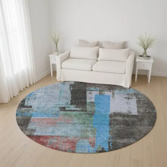 8' Sky Blue Gray And Silver Abstract Washable Round Rug With UV Protection Photo 4