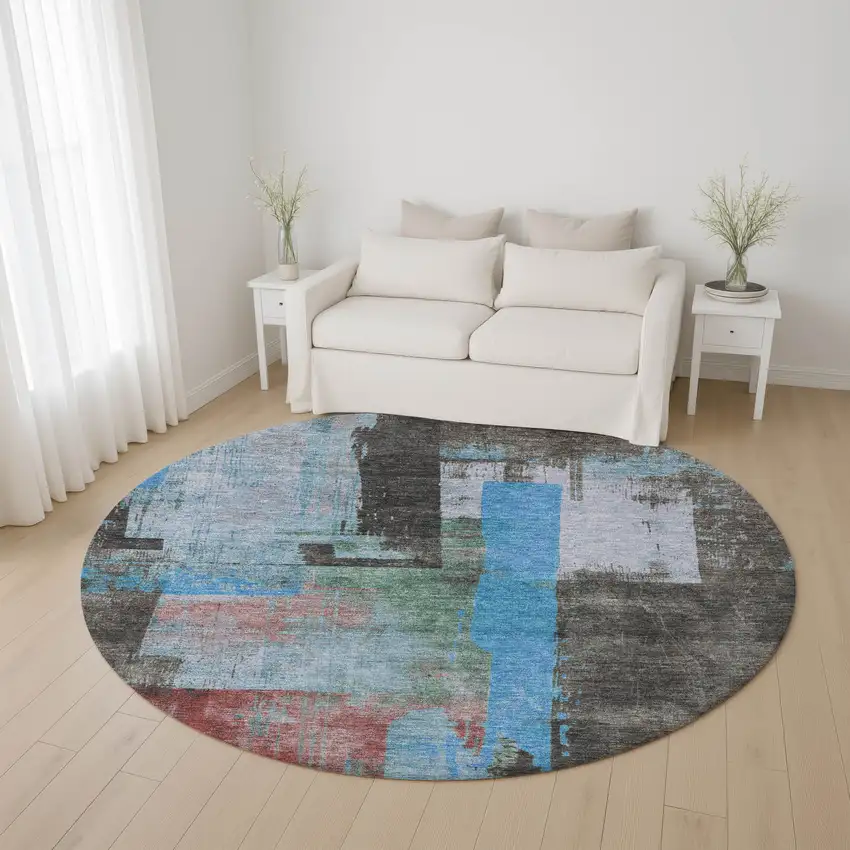 8' Sky Blue Gray And Silver Abstract Washable Round Rug With UV Protection Photo 4