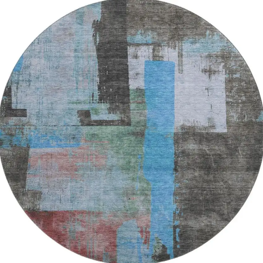 8' Sky Blue Gray And Silver Abstract Washable Round Rug With UV Protection Photo 2