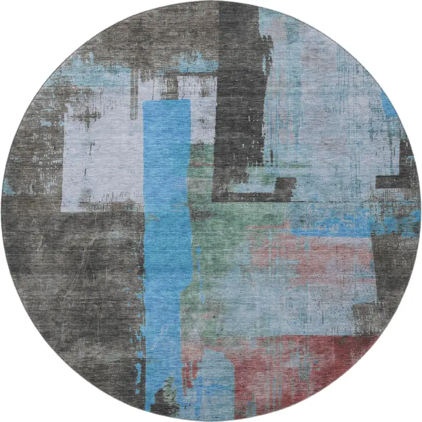 8' Sky Blue Gray And Silver Abstract Washable Round Rug With UV Protection Photo 3