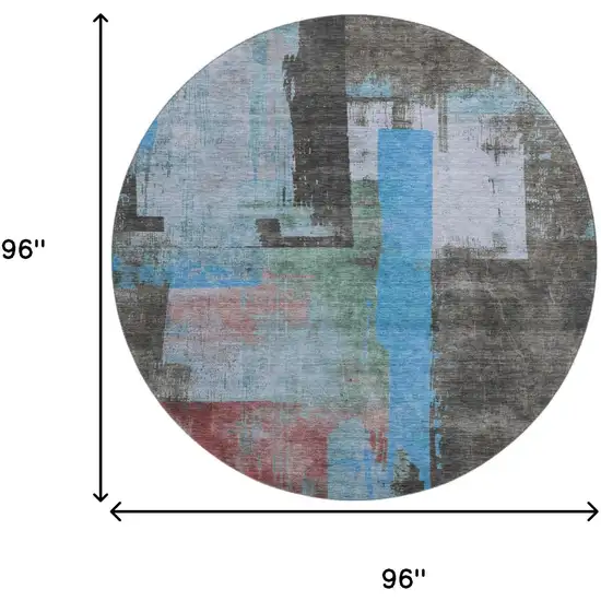 8' Sky Blue Gray And Silver Abstract Washable Round Rug With UV Protection Photo 9