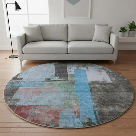 8' Sky Blue Gray And Silver Abstract Washable Round Rug With UV Protection Photo 2